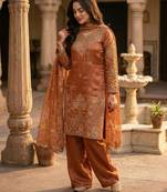 Orange silk blend embroidered salwaar kameez