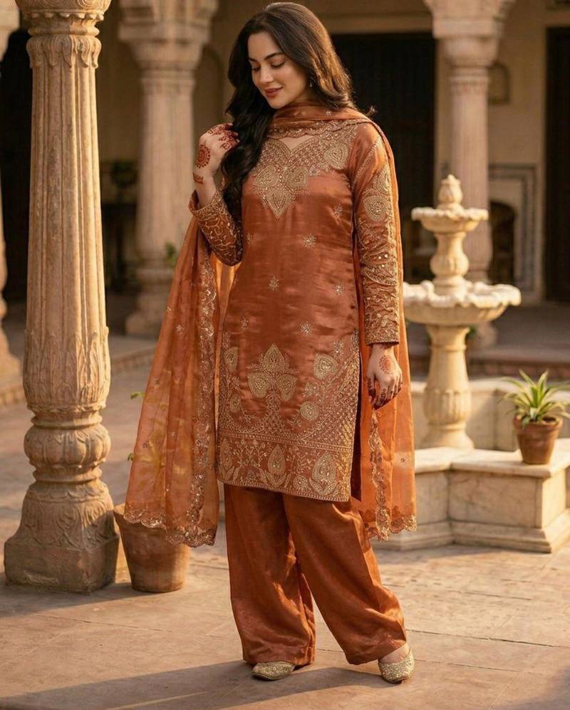 Orange silk blend embroidered salwaar kameez