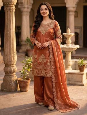 Orange silk blend embroidered salwaar kameez 2