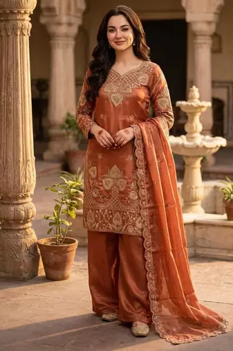 Orange silk blend embroidered salwaar kameez