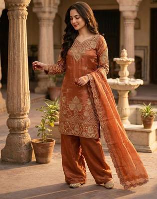 Orange silk blend embroidered salwaar kameez 3