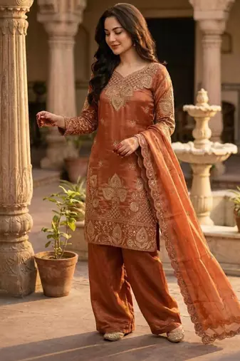 Orange silk blend embroidered salwaar kameez