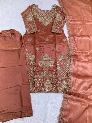 Orange silk blend embroidered salwaar kameez 4