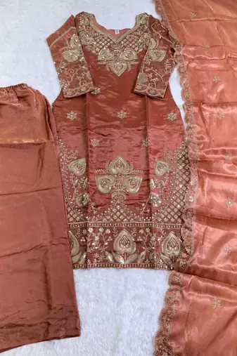 Orange silk blend embroidered salwaar kameez