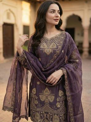 Purple silk blend embroidered salwaar kameez 2