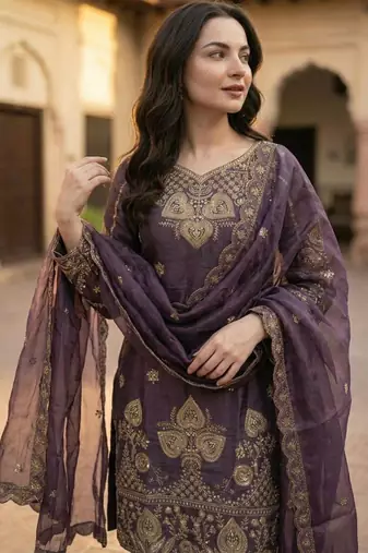 Purple silk blend embroidered salwaar kameez