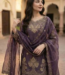 Purple silk blend embroidered salwaar kameez