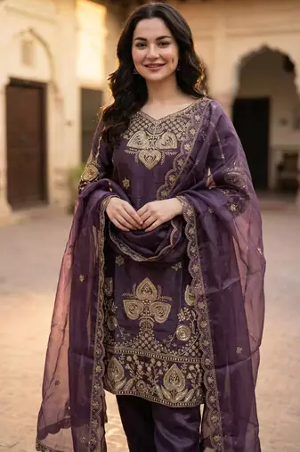 Purple silk blend embroidered salwaar kameez