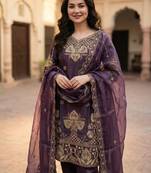 Purple silk blend embroidered salwaar kameez