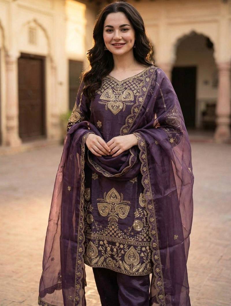 Purple silk blend embroidered salwaar kameez