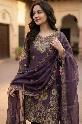 Purple silk blend embroidered salwaar kameez