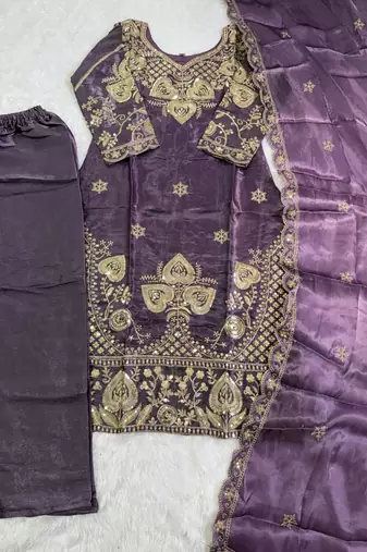 Purple silk blend embroidered salwaar kameez