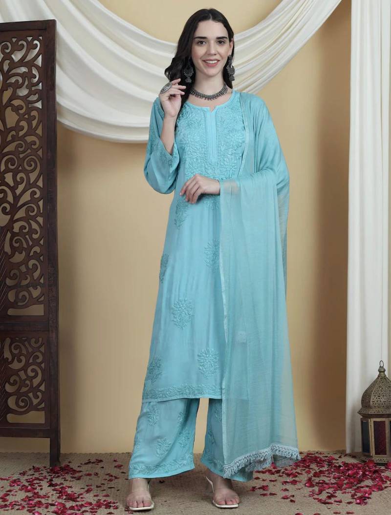 Sky blue rayon embroidered palazzo set