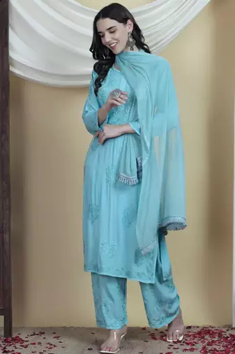 Sky blue rayon embroidered palazzo set