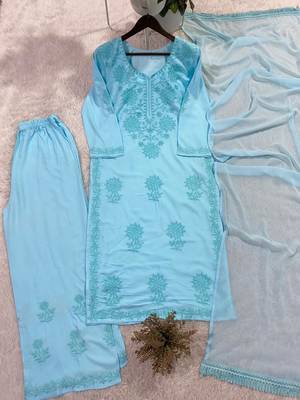 Sky blue rayon embroidered palazzo set 3