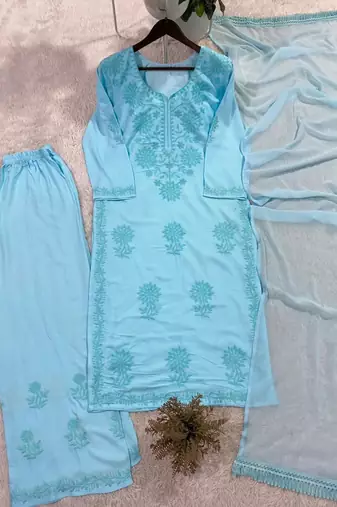 Sky blue rayon embroidered palazzo set