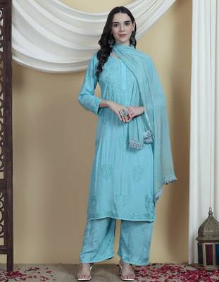 Sky blue rayon embroidered palazzo set 4