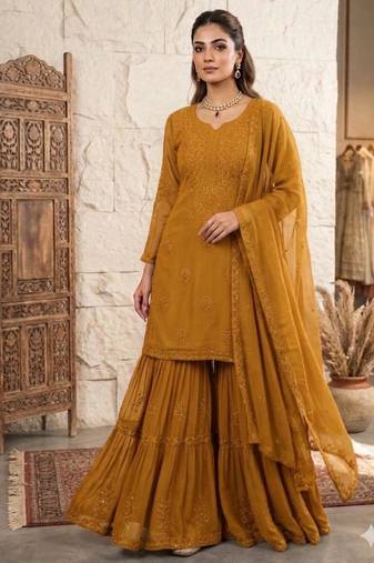 Mustard georgette embroidered sharara set