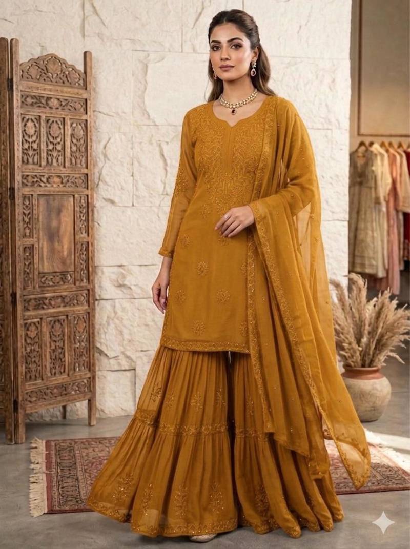 Mustard georgette embroidered sharara set