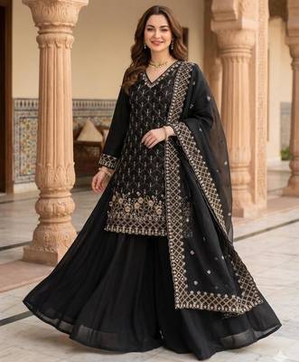 Black silk blend embroidered sharara set 1