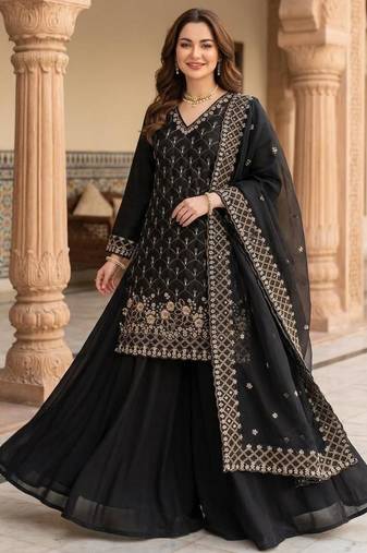 Black silk blend embroidered sharara set