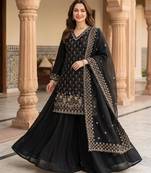 Black silk blend embroidered sharara set