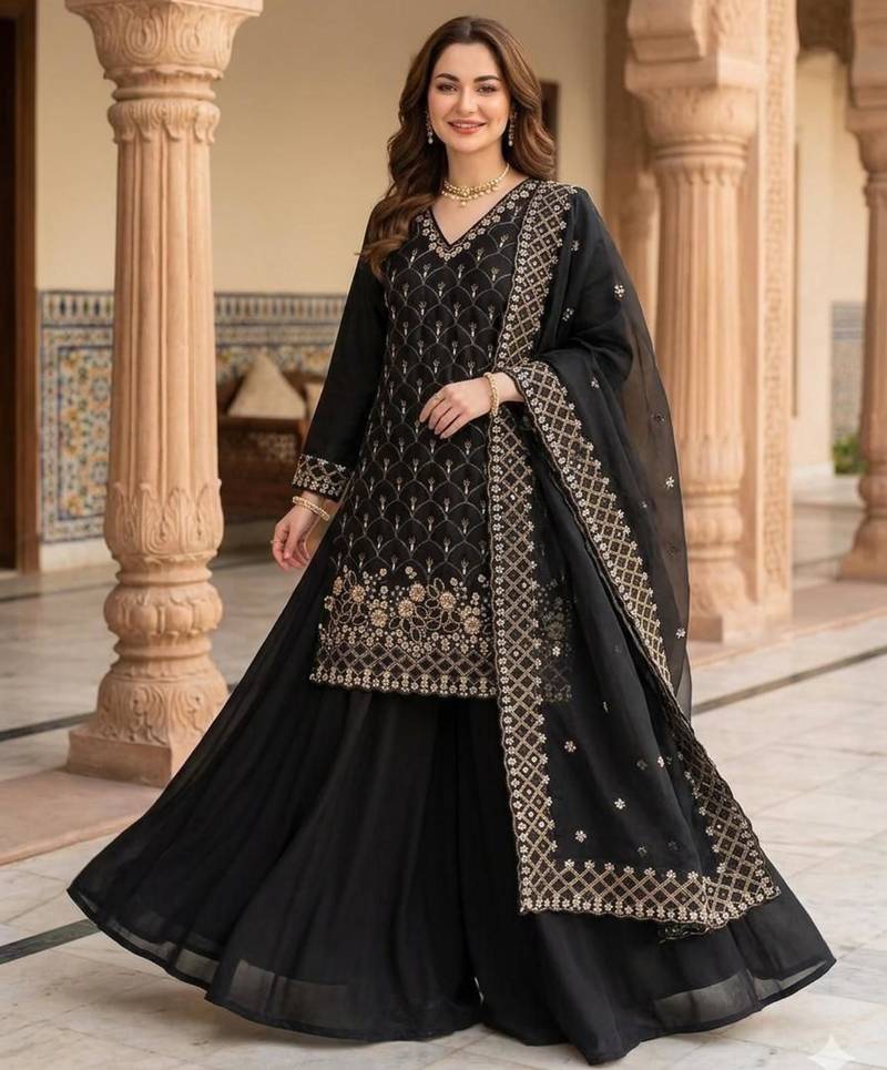 Black silk blend embroidered sharara set