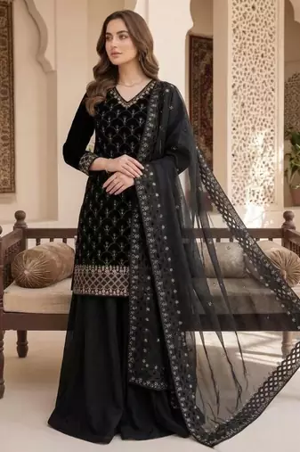 Black silk blend embroidered sharara set