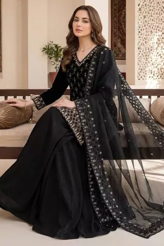 Black silk blend embroidered sharara set