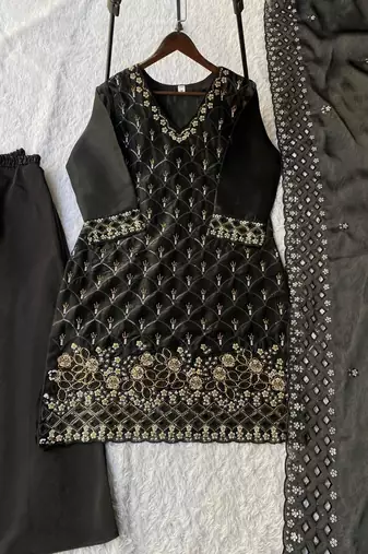 Black silk blend embroidered sharara set