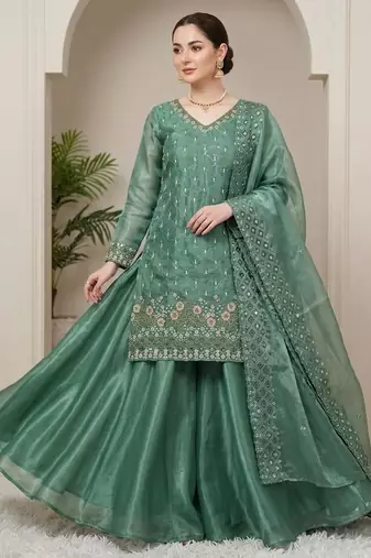 Sea green silk blend embroidered sharara set