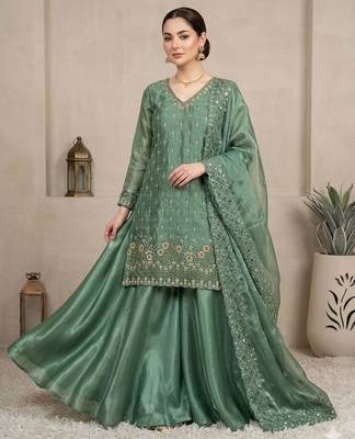 Sea green silk blend embroidered sharara set 2