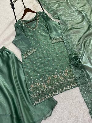 Sea green silk blend embroidered sharara set 3