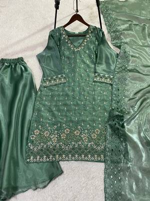 Sea green silk blend embroidered sharara set 4