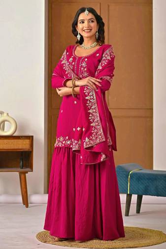 Pink silk blend embroidered sharara set