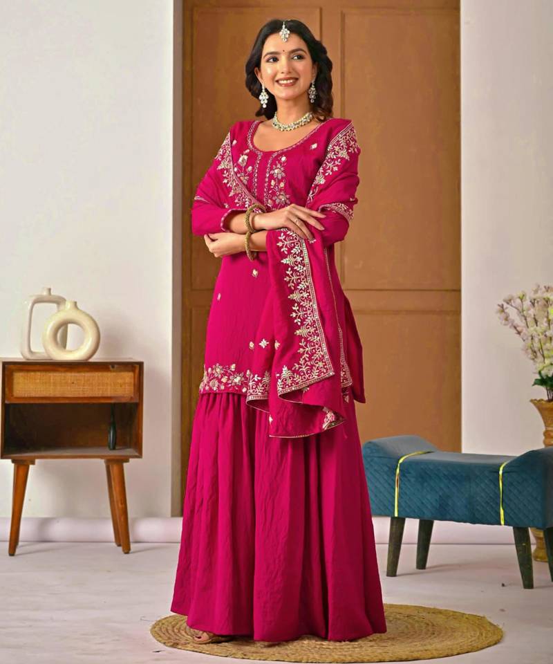 Pink silk blend embroidered sharara set