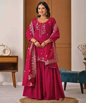 Pink silk blend embroidered sharara set 2