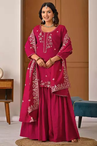 Pink silk blend embroidered sharara set