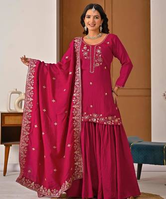 Pink silk blend embroidered sharara set 3