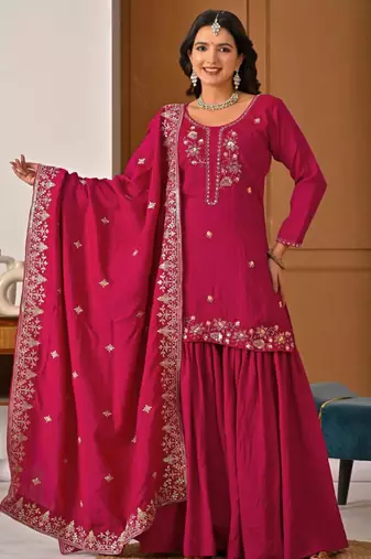 Pink silk blend embroidered sharara set
