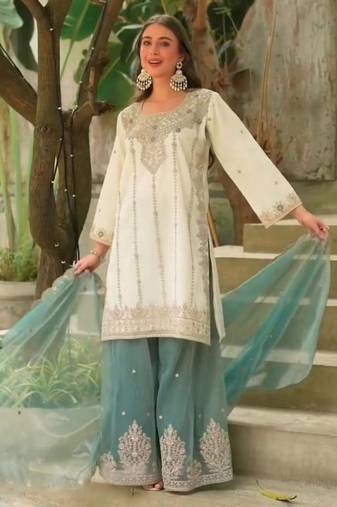White silk blend embroidered sharara set