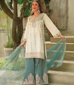 White silk blend embroidered sharara set