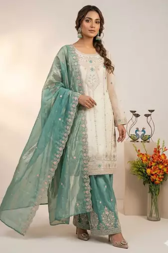 White silk blend embroidered sharara set