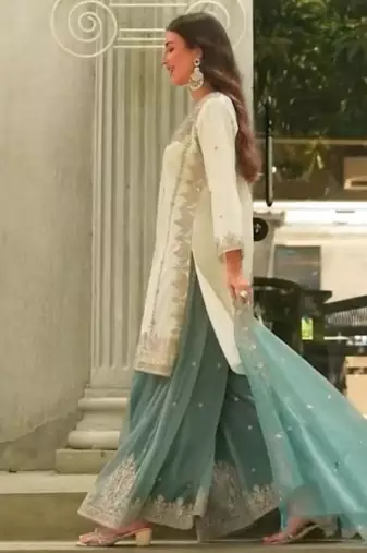 White silk blend embroidered sharara set