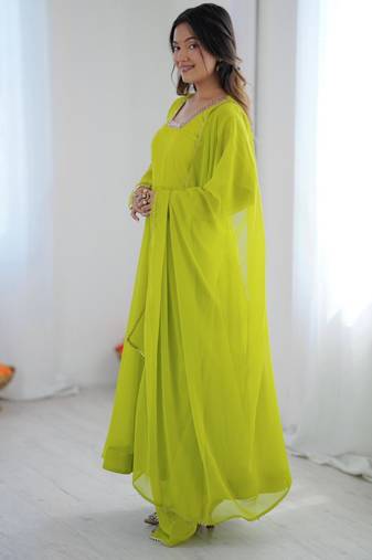 Parrot green georgette plain gown set