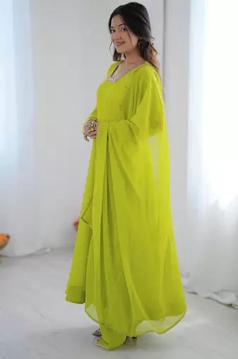 Parrot green georgette plain gown set