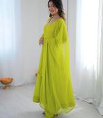 Parrot green georgette plain gown set