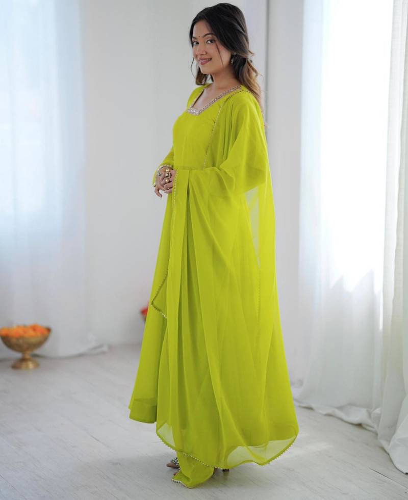 Parrot green georgette plain gown set