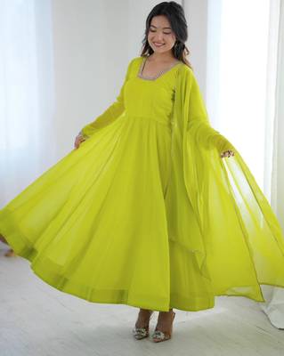 Parrot green georgette plain gown set 1