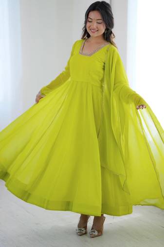 Parrot green georgette plain gown set
